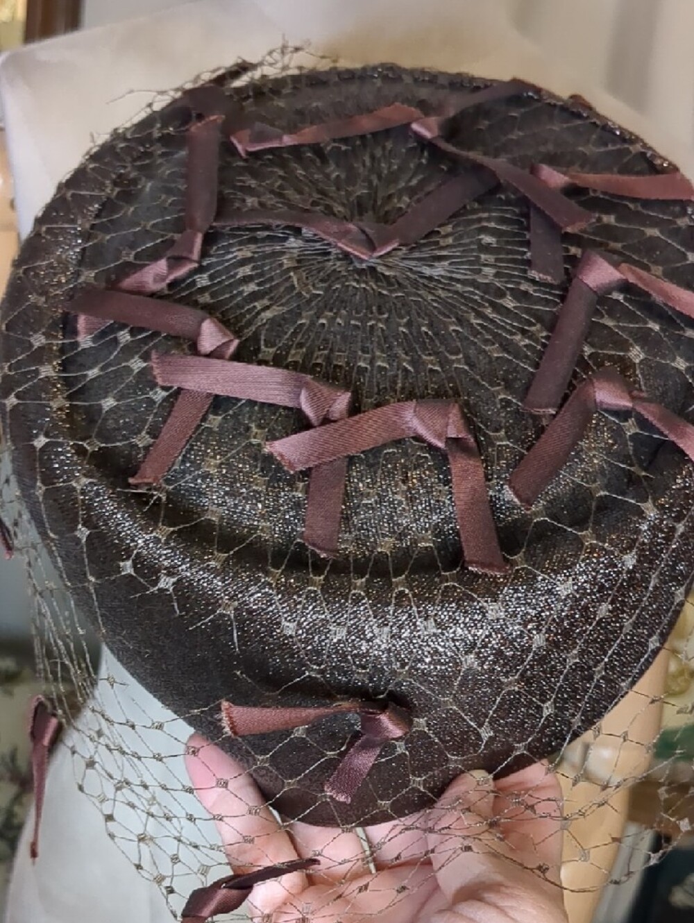 Vintage 50s Joseph Magnin Pillbox Hat Brown Netted W/ Bows Elegant Mid Century - Picture 10 of 14